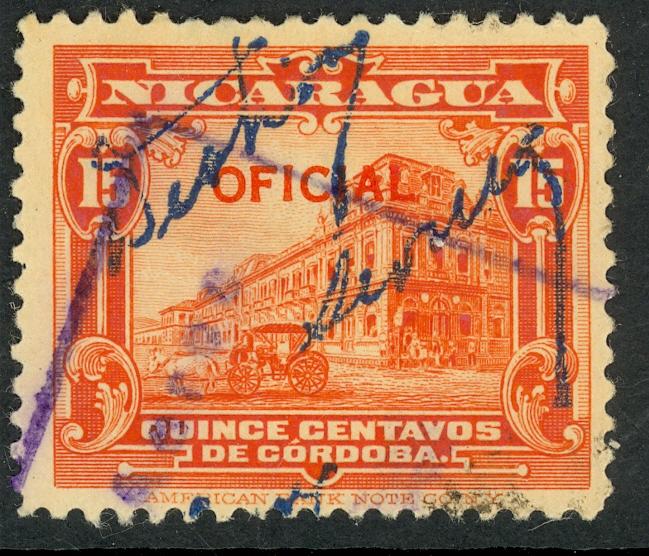 NICARAGUA 1933 15c Presidential Palace OFFICIAL w Signature Control Sc O339 VFU