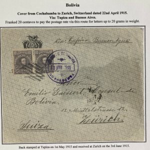 1915 Cochabamba Bolivia Cover To Zurich Switzerland Via Buenos Aires