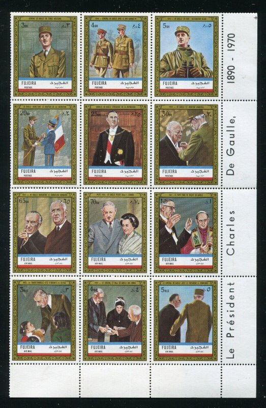 Fujeira Charles de Gaulle Sheet of 20 Stamps, Folded as Shown MNH 1970