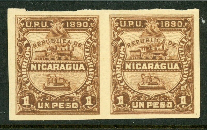 Nicaragua 1890 Seebeck Locomotive 1P Brown Imperf Pair Sc #26a Mint L877 ⭐⭐⭐⭐⭐ 