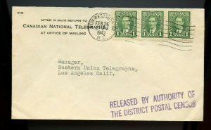 1942 Postal Censored B.C. cover to USA 3x1c Mufti, Canada