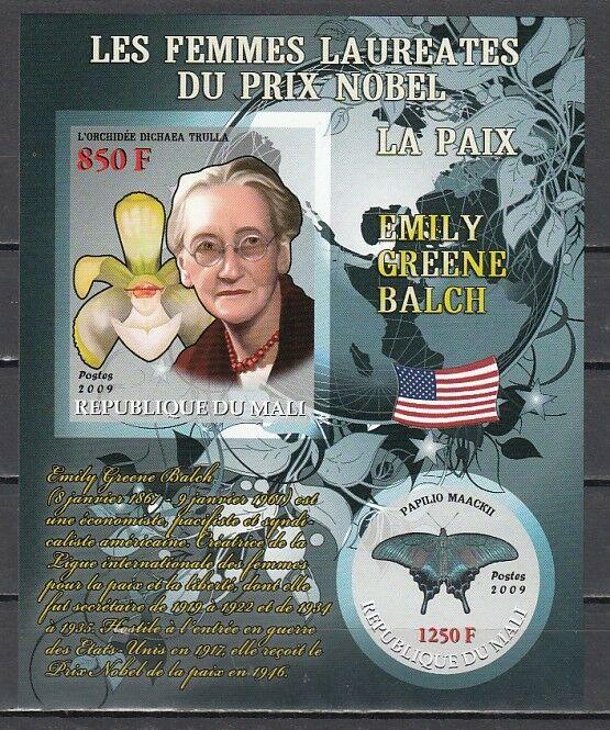 Mali, 2009 issue. E. Balch, Nobel Prize. Orchid & Butterfly in design. IMPERF.