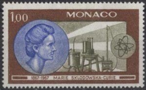 Monaco 673 (mh) 1fr Marie Curie, brn, ultra & ol (1968)