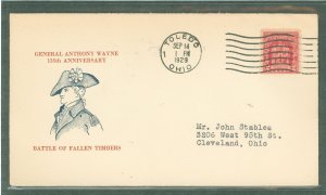 US 680 1929 2c General Anthony Wayne, Battle of Fallen Timbers (single) on an addressed (typed) first day cover with a Toledo, O