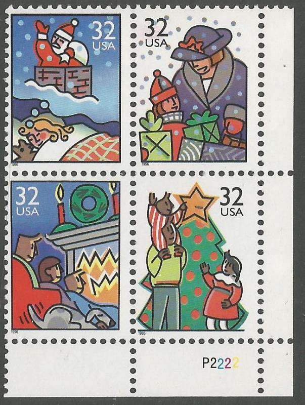 US 3108-3111, PLATE BLOCK, MNH, LR, FAMILY CHRISTMAS SCENES