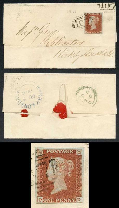 1841 Penny Red (PD) on Cover EXTRA CANCEL Plate 66