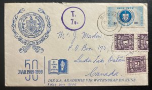 1959 South Africa Postage Due First Day Cover FDC To Landa Lake Canada 50th Year