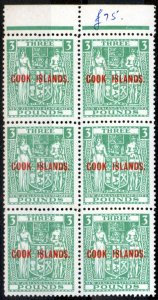 Cook Islands 1953 £3 Green SG135w Wmk Inverted Fine MNH Block of 6