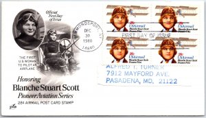 US COVER FIRST DAY OF ISSUE BLANCHE STUART SCOTT PIONEER WOMAN AVIATOR BLOCK 4 B