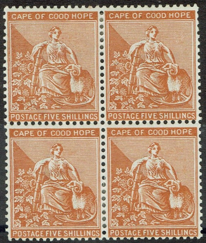 CAPE OF GOOD HOPE 1893 HOPE SEATED 5/- BROWN ORANGE BLOCK WMK ANCHOR 