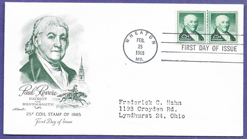 1059A, PAUL REVERE 25c COIL, 1965 ARTMASTER FIRST DAY COVER., ADDR.