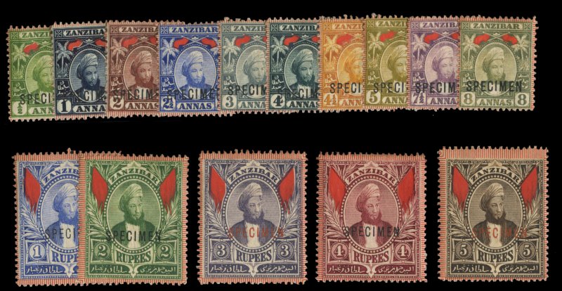 Zanzibar #38-52S (SG 156-174s) Cat£275, 1896 1/2a-5r, set of 15, overprinted...