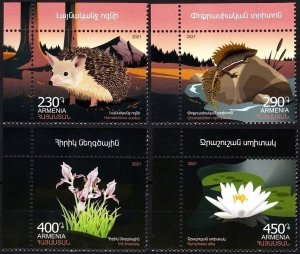 ARMENIA 2021-35 Flora and Fauna. Hedgehog, Newt and Flowers. CORNER, MNH