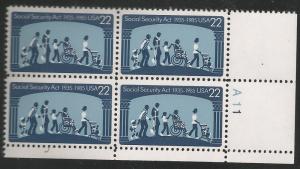 USA 2153, SOCIAL SECURITY ACT 50TH ANNIVERSARY, PLATE BLOCK, MINT NEVER HINGE...