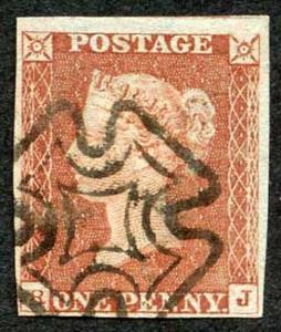 1841 Penny Red (RJ) Fine Four margins with Superb DUBLIN Cross