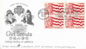 1962 FDC, #1199, 4c Girl Scouts of America, Art Craft, block of 4