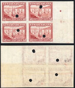 Newfoundland SG228c 48c Imperf Block with punch holes Block of Four Creased