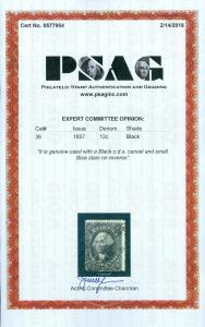 EDW1949SELL : USA 1857 Scott #36 Used. Intense color. PSAG Certificate. Cat $350