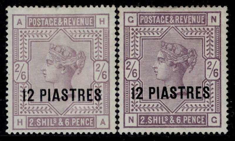 BRITISH LEVANT QV SG3 + 3a, 12pi on 2s 6d PAPER VARIETIES, M MINT. Cat £620.