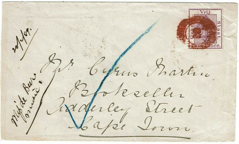 Orange Free State 1889 Winburg numeral 2 in red on cover to the Cape Colony