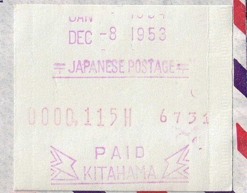 JAPAN NCR METER: #PO1 KITAHAMA to SWEDEN 1953 Airmail, Regular Size, TOP NOTCH