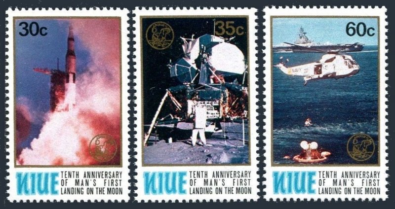 Niue 255-257, 257a sheet, MNH. Mi 260-262, Bl.22. Landing on the Moon-10, 1979.