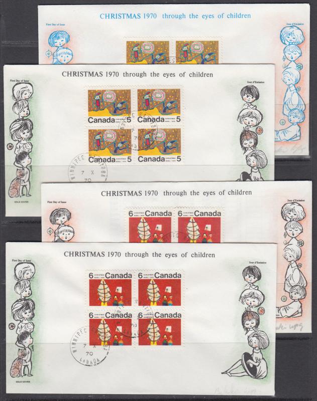 Canada Uni 522i/525ii FDCs. 1970 Christmas Center Blocks on individual FDCs