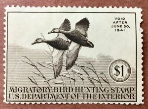 RW7 Federal Duck Stamp VF LH $1.00, W/ Damaged perf, Mallards. Issued in 1940