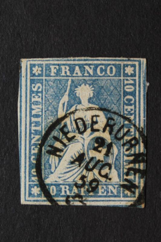 SWITZERLAND 1858 HELVETIA SC# 37 BLUE USED NIEDERURNEN 1859 Date Cancel