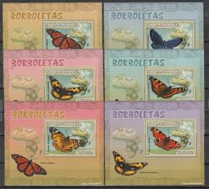 Mozambique, Scott cat. 1763 A-E. Butterflies on 6 Deluxe s/sheets.