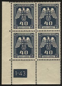 CZECHOSLOVAKIA Bohemia & Moravia 1941 Sc O14  40h VF Mint MNH Plate Block, Birds