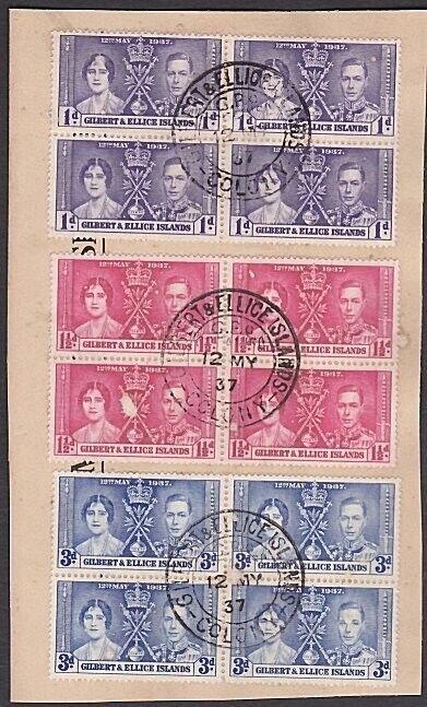 GILBERT & ELLICE 1937 Coronation blocks of 4 on piece - Ocean Island cds...a3434