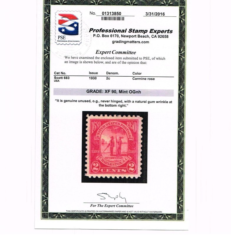 EXCELLENT GENUINE SCOTT #683 MINT OG NH 1930 CHARLESTON PSE CERT GRADED XF-90 