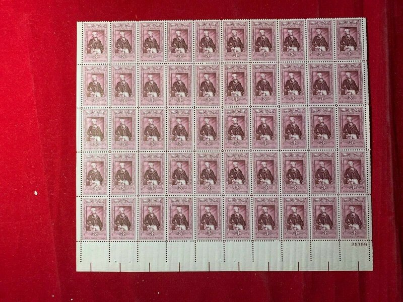 1957 3 cent Lafayette Full sheet of 50, Scott #1097, MNH