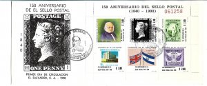 EL SALVADOR 1990 SOUVENIR SHEET ON FDC FIRST POSTAL STAMP PENNY BLACK R. HILL