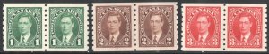 Canada SC#238-240 1¢-3¢ King George VI Coil Pairs (1937) MNH*