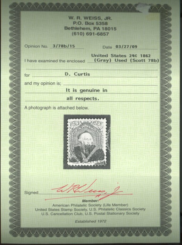 U.S. #78b USED WITH WEISS CERT