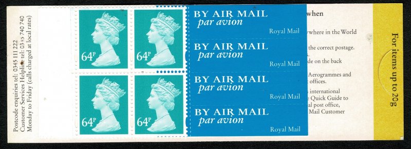 G.B. QE II 1999 BOOKLET 64p x4 (Y1733)+4x AIRMAIL LABELS MINT (NH) SG GS1 SUPERB