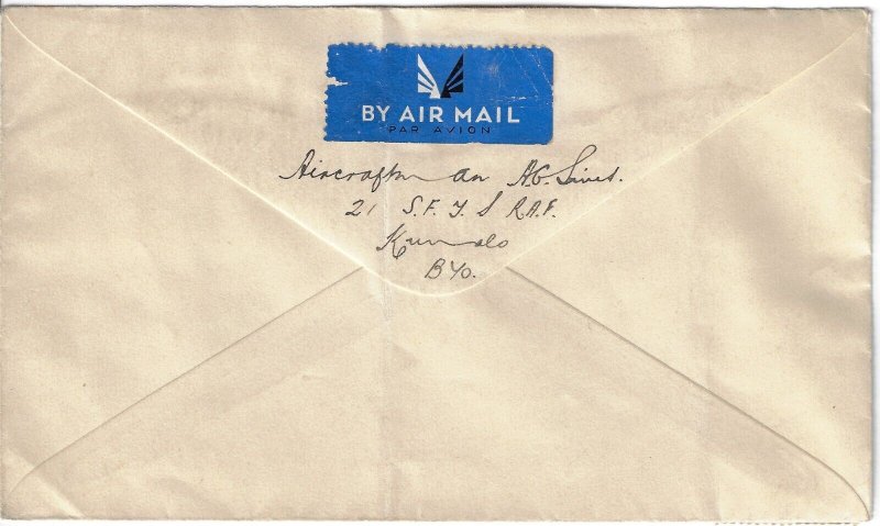 S. Rhodesia RAF cvr to MEForces w/  1 ½ d. Rhodes recut collar var. SG55a (a4377