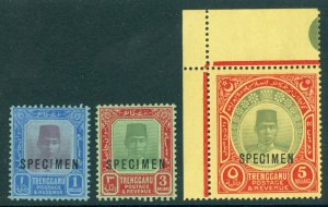 SG 23-25s Malaya Trengganu 1921-41. $1,$3 & $5 overprinted specimen, type D12...