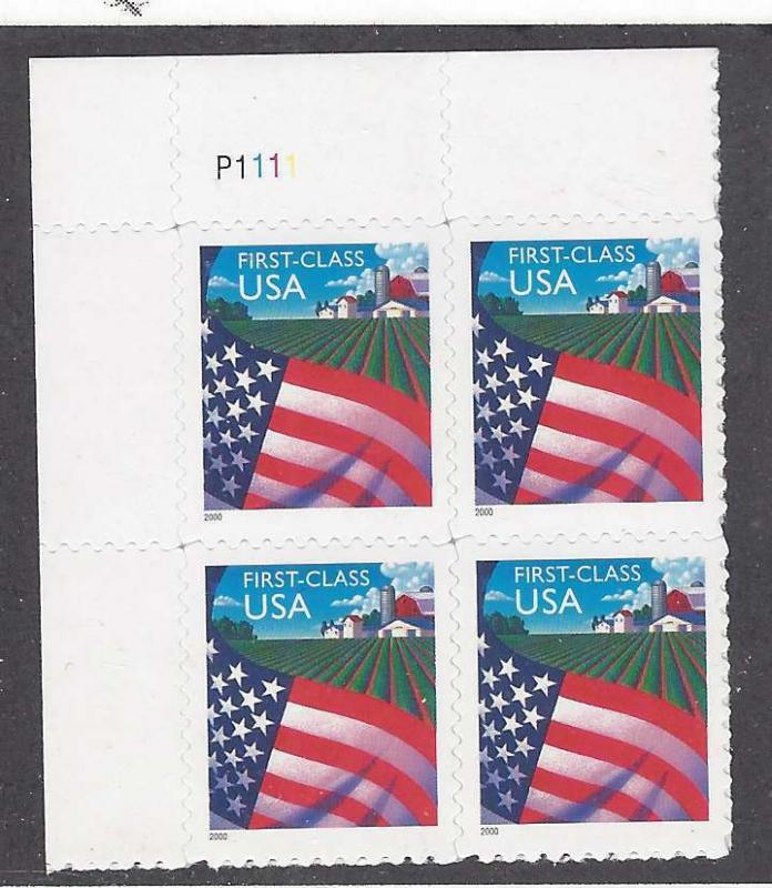 3449 Catalog # Flag over Farm First Class Mail Plate Block of 4 (34ct) Stamps