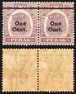 Perak SG81b 1c on 2c variety Antique e in cent in a pair (toned gum)