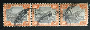 Malaya 1922 Federated Malay States FMS Tiger 50c 3V Block Used MSCA SG#74b M3519