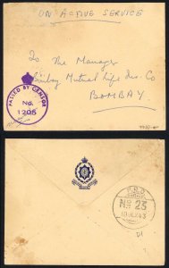India 1943 Stampless Active Setvice Censored Cover