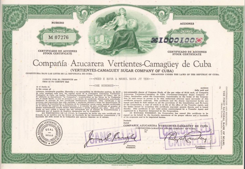 Cuba Stock Certificate Sugar Company 100 Shares Vertientes,Camaguey Cancelled