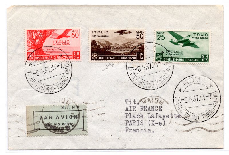 1937 Rome/Paris 6.4.37 - Airogram forwarded first flight A.L.I.