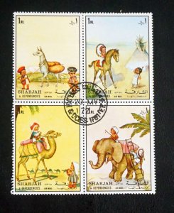 SHARJAH UAE  Block of 4 DESERT ANIMALS stamps  camel  USED