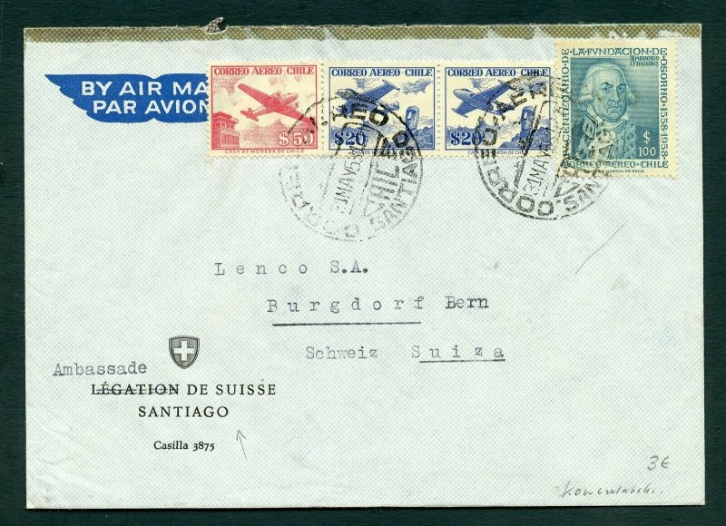 CHILE SANTIAGO 5/31/58 AIR MAIL COVER TO SCHWEIZ SWITZERLAND AS SHOWN