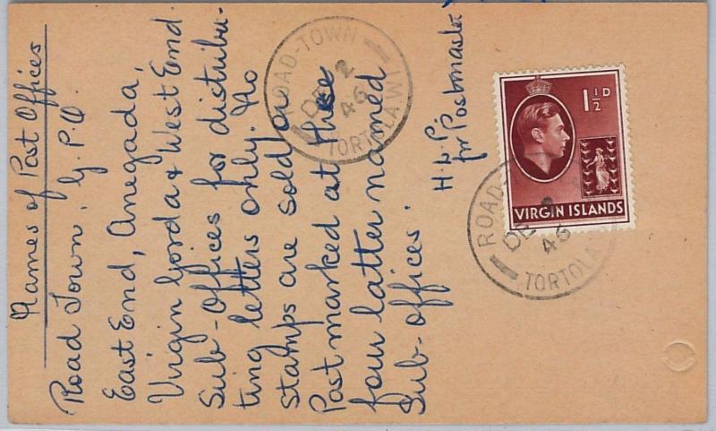 VIRGIN ISLANDS -  POSTAL HISTORY - CARD from ROAD TOWN with nice text 1946