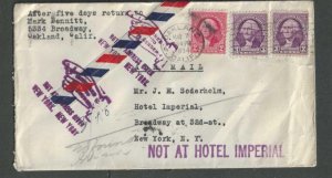 1934 Air Mail Cover To Oakland Ca W/Return Finger Stating Not At Hotel Imperial-